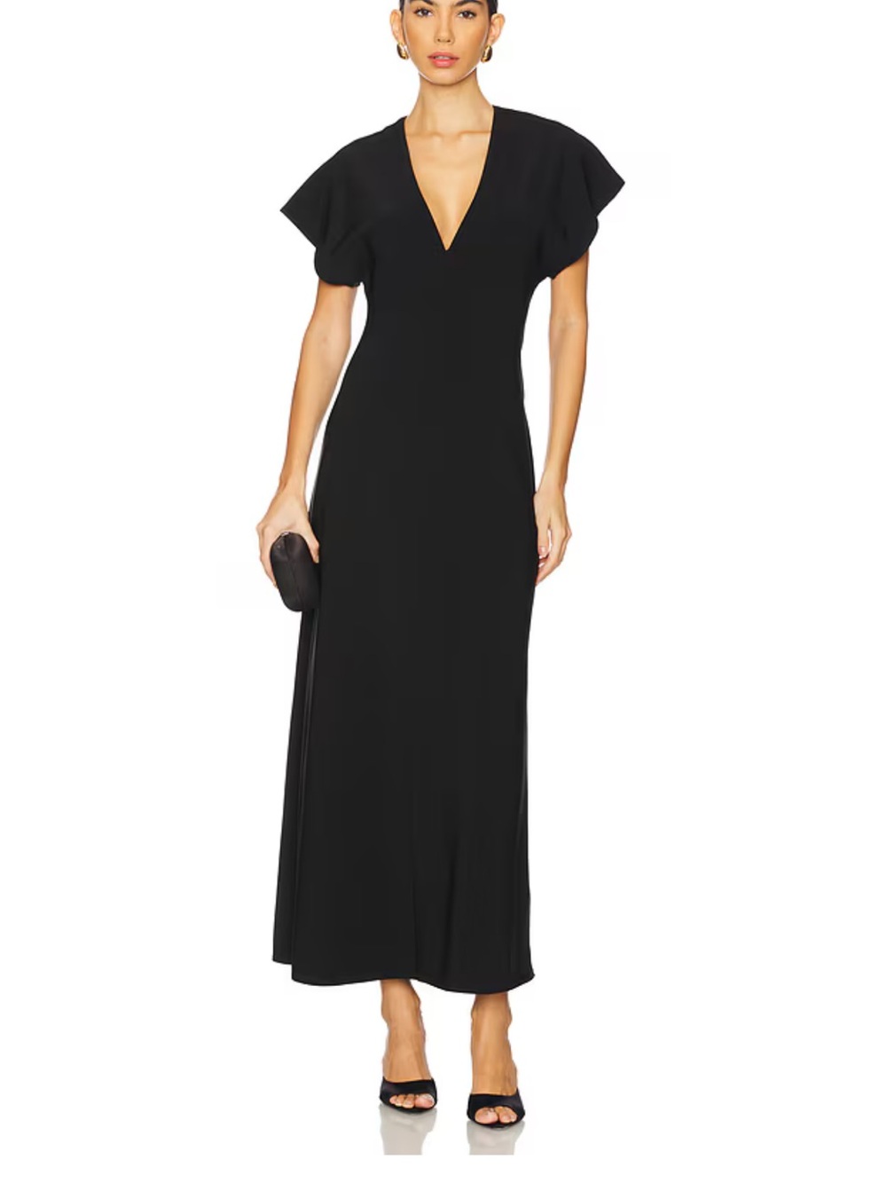 Women’s Black Maxi Dress with V-Neck and Cap Sleeves